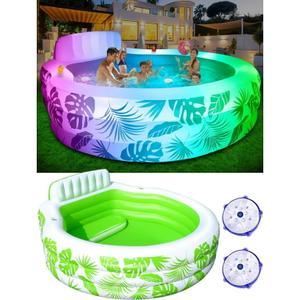 Inflatable Pool with Pool Lights, Oversized Thickened Blow Up Pools with Seat, Family Inflatable Pools for Audlts, 88"x83"x22" Large Inflatable Kids PooI for Backyard, Kiddie pooI Outdoor (White)
