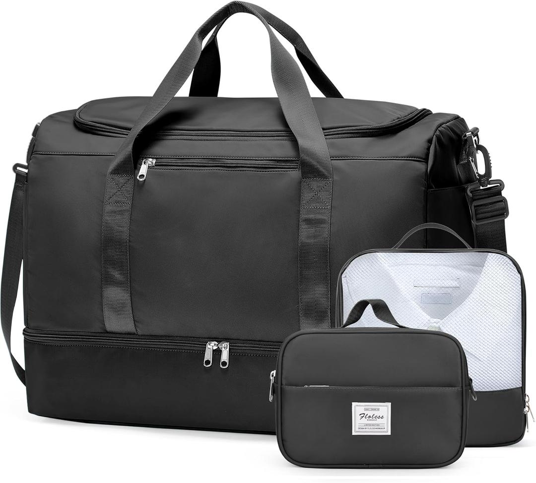 Extra Large Travel Duffle Bag,Carry on Overnight Weekend Bag with Shoes Compartment,Weekender Bags for Women for Travel Business Trips Sport Hospital,3 Pcs Set,Black