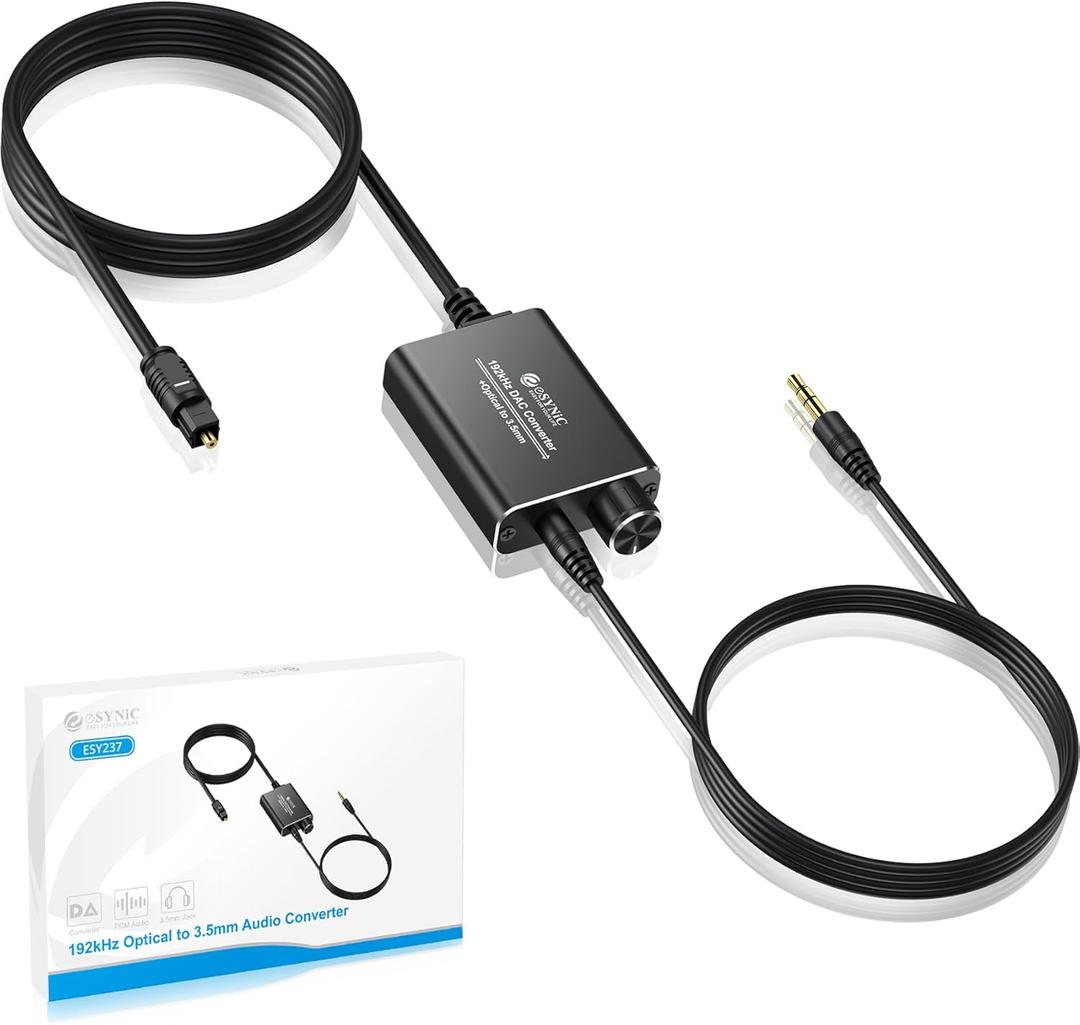eSynic Portable Optical to 3.5mm/Aux Adapter-7 FT Long-192KHz DAC Converter-Metal Shell-Built in Amplifier Chip-Easy to Setup- from HDTV/Blu-Ray/Gaming Console to 3.5MM Audio Speaker & Headphone