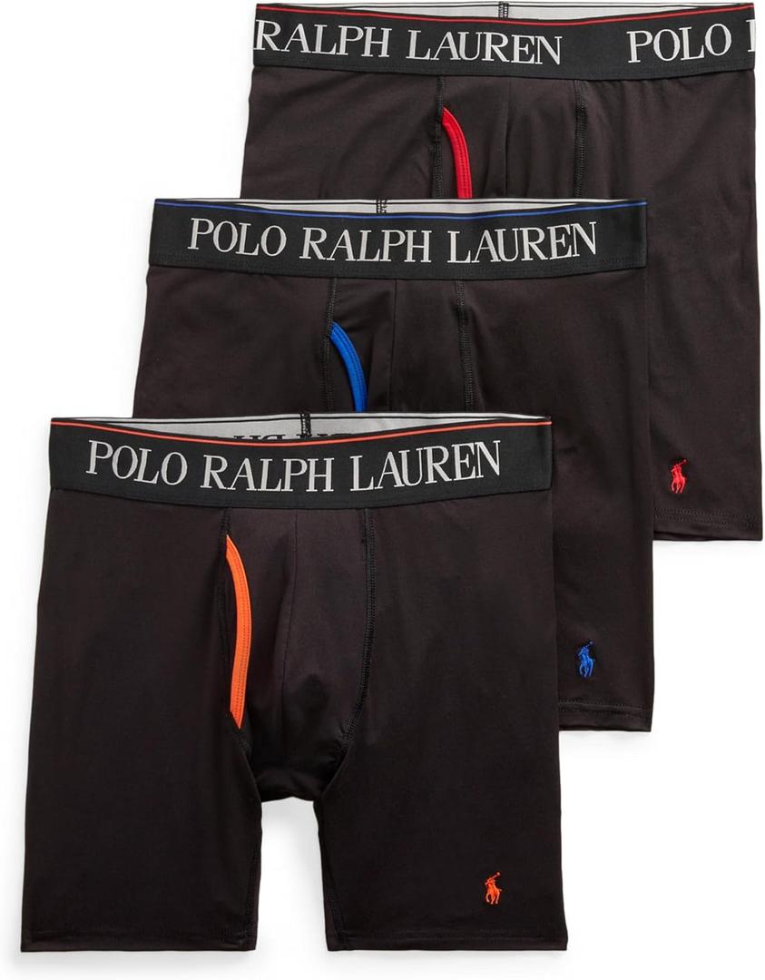 POLO RALPH LAUREN Men's 4D Flex Cooling Microfiber Boxer Briefs, Long Leg & Trunks, 3-Pack (Medium, Black/Orange Black/ Royal Black Red - 3 Pack)