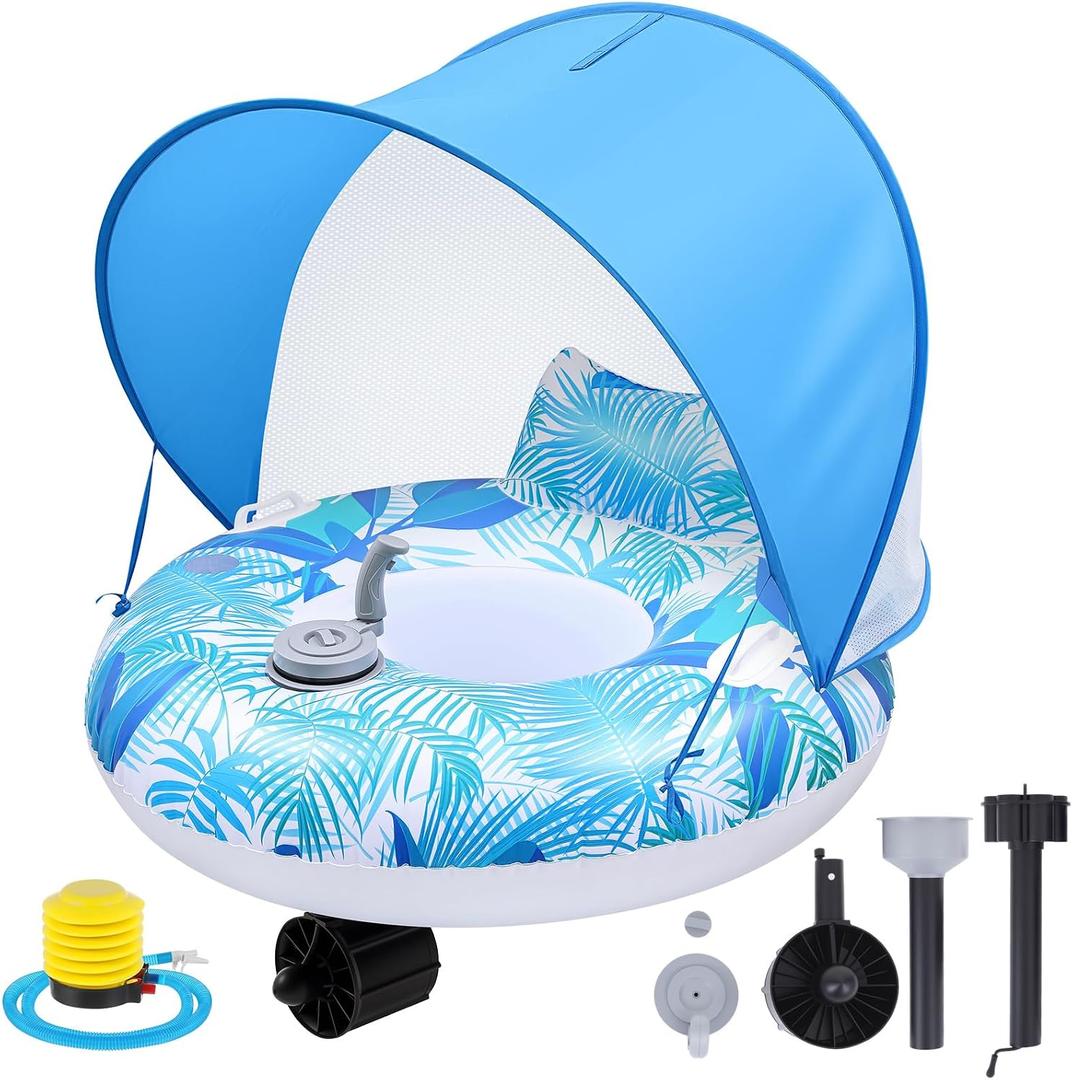 Motorized Pool Float with Canopy for Adults, Electric Inflatable Pool Lounger with Motor, Floating Chair Tube with Pusher Handles, Cupholder, Foot Pump for Summer Party, Beach, Lake, Calm Water
