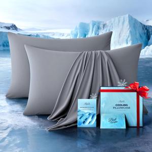 Ultra-Chill Cooling Pillowcase Set of 2 for Hot Sleepers, Softer Than Silk Pillow Cases for Protecting Hair & Skin, Breathable Bed Pillow Covers w/Zipper, Gifts for Women Men(Light Gray, Queen)