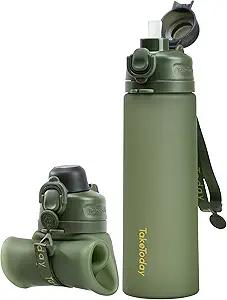 TakeToday Collapsible Water Bottles 20oz, Leak Proof, BPA-Free, Foldable Silicone Travel Water Bottle with Straw Strap for Cycling, Hiking, Outdoors, Green