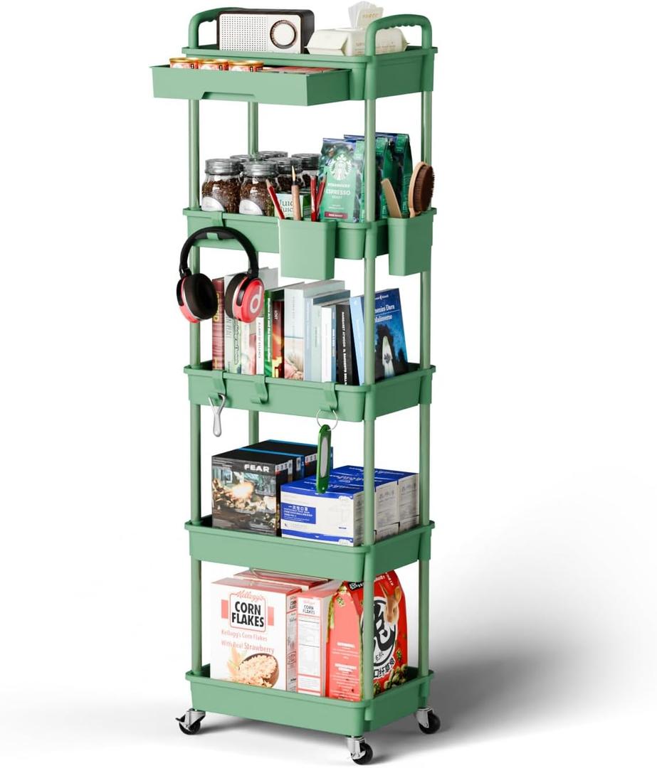 Sorgion 5 Tier Rolling Cart Organizer,Bathroom Cart Organizers with Wheels Laundry Room Organization Mobile Shelving Unit Utility Cart Storage Shelves Multi-Functional for Office, Home(Green)