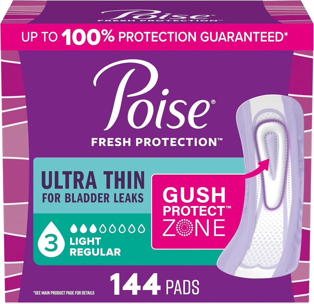 Poise Ultra Thin Incontinence Pads & Postpartum Pads for Bladder Leaks, 3 Drop Light Absorbency, Regular Length, 144 Count