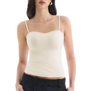 Built in Bra Tank Tops for Women, Double Lined Padded Cami Scoop Neck Spaghetti Straps Basic Summer Top 2026 (Beige)