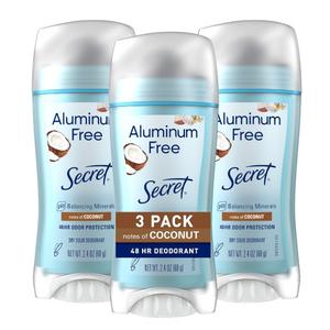 Secret Aluminum Free Deodorant for Women, 48hr Odor Protection, Naturally Derived Ingredients, Free of Parabens Dyes Talc & Baking Soda, PH Balanced, Dry Solid, Coconut Scent, 2.4 oz (Pack Of 3)