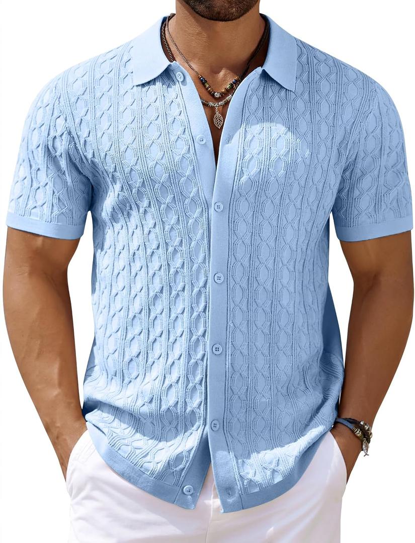 COOFANDY Men's Knit Short Sleeve Shirts Button Down Vintage Knitted Polo Shirt Casual Beach Crochet Cable Vacation Shirt (Blue, L)
