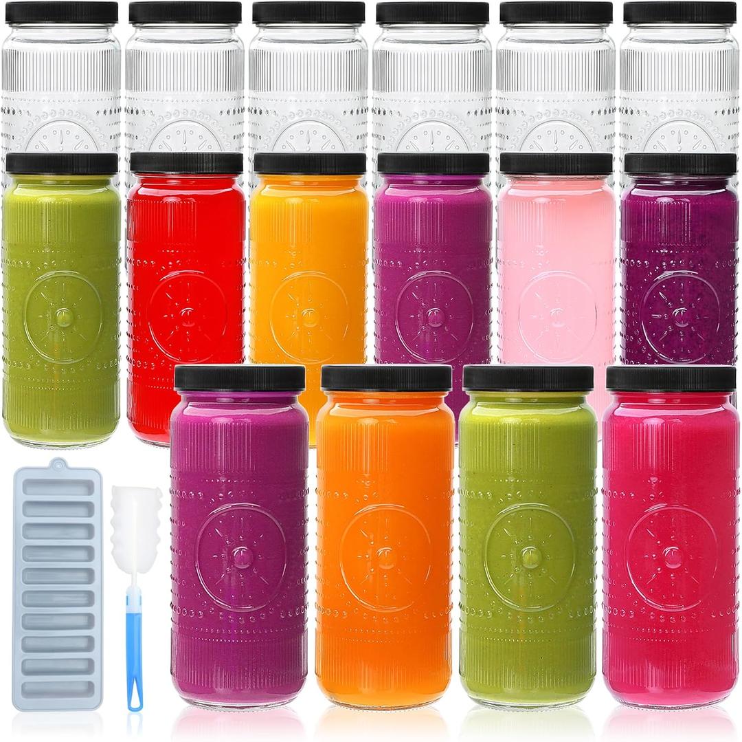 16 Pack 16 oz Glass Juice Bottles with Lids, Reusable Juice Containers with Cleaning Brush, Vintage Glass Water Bottles Drinking Jars for Juicing, Smoothies, Iced Coffee, Milk, Kombucha