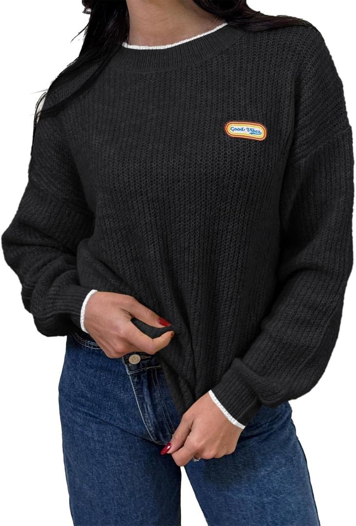 Saodimallsu Womens Sweaters Crew Neck Long Sleeve Knit Contrast Piping Stripe Lightweight Casual Fall Pullover Tops 2025 (Small, Black)