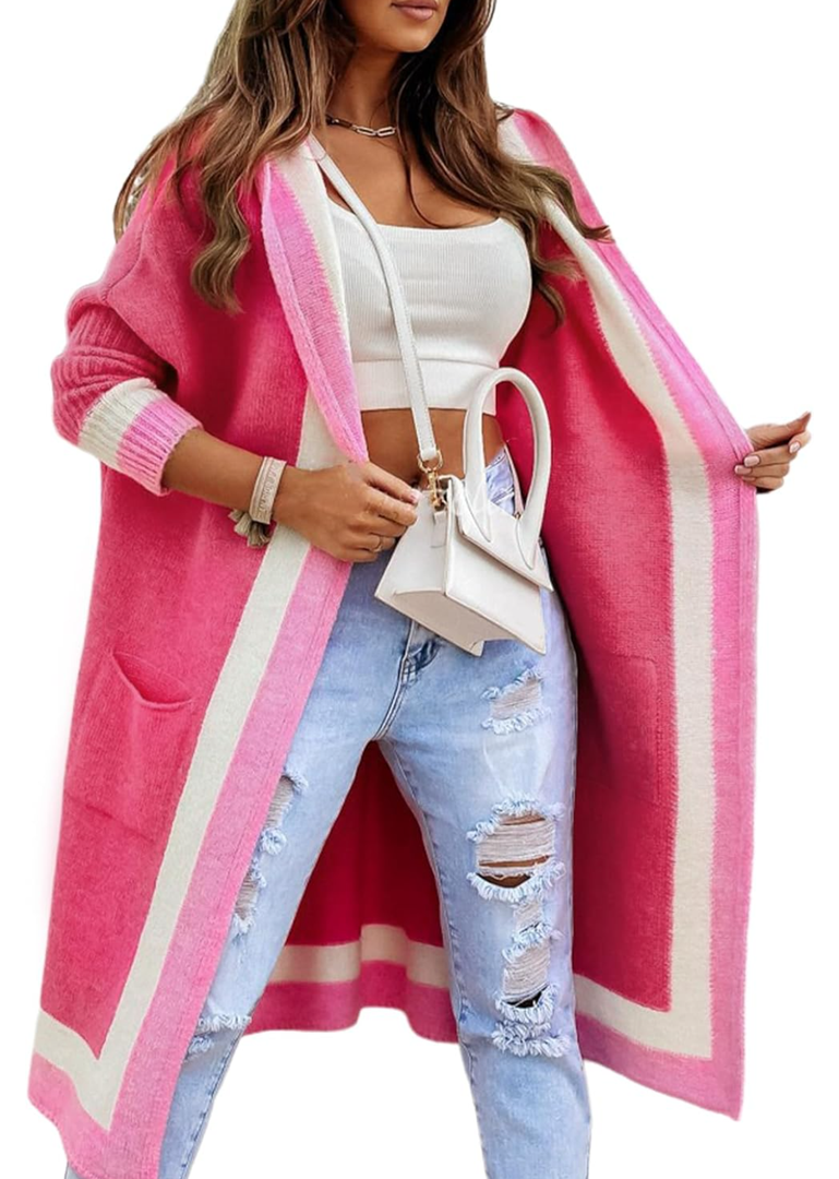 Yimoon Womens Long Cardigan Sweater Color Block Open Front Hooded Cardigan Oversized Knit Sweater Outwear