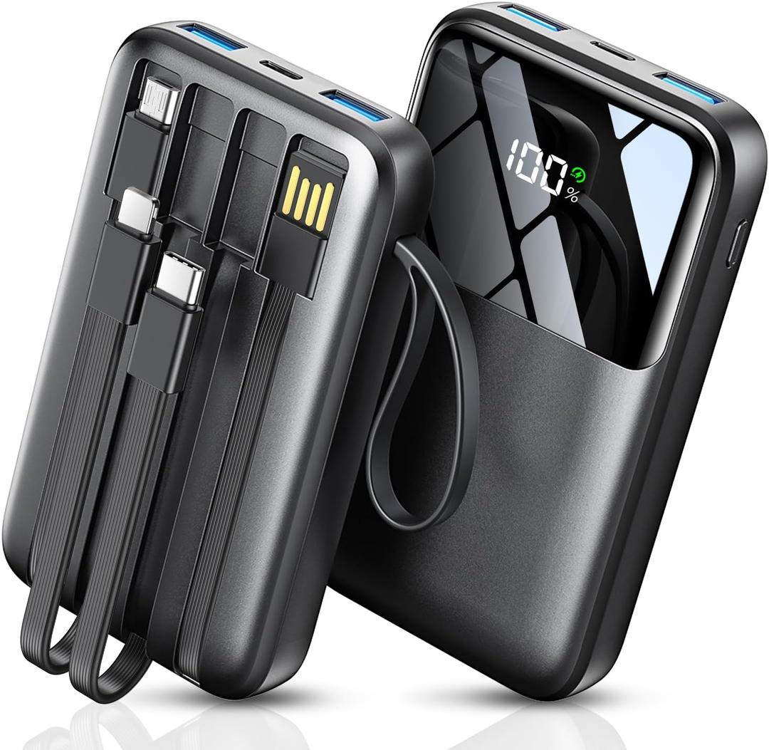 Portable Charger with Built in Cable, 15000mAh Power Bank, 22.5W Fast Charging, 6 Outputs, Slim Travel Essential Battery Pack with LED Display, Compatible with iPhone 16/15/14/13, Samsung, iPad, etc (Black)