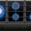 FOTILE GLG36501 36 Black Tempered Glass 5-Burner Gas Cooktop, Tri-Ring 18,000 BTUs Left Burner with Flame Failure Protection Removable Grates and Installation/LP Kit
