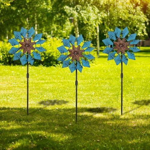 Aoutrow 3 Pack Wind Spinners with Metal Stake, 16.3 Inches Yard Garden Sculptures for Outdoor Spring Decoration Lawn Patio Wind Catcher Windmill (Blue Flower)