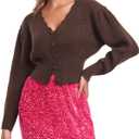 Women's Puff Short Sleeve Sweater V-Neck Button Knit Tops Crochet Soft Knitwear (Brown, L)