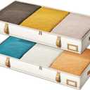Vailando Under Bed Storage Containers, Foldable Storage Bins for Blankets, Comforter, and Seasonal Clothing, 6 Inches Tall, Beige with Brown Leather Handles, 2-Pack