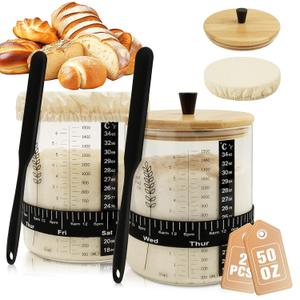 50oz Sourdough Starter Jar, Wide Mouth Sourdough Jar, Large Capacity Sourdough Starter Kit with Lid, Band, Date Tracker, Temp, Sourdough Bread Starter Kit for Perfect Sour Dough(2 Pack)