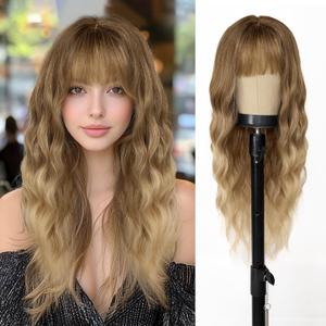 ENTRANCED STYLES Blonde Ombre Wig with Bangs,Long Blonde Wigs for Women,26 Inch Natural Looking Synthetic Heat Resistant Long Blonde Wave Wig for Daily Party Cosplay Use