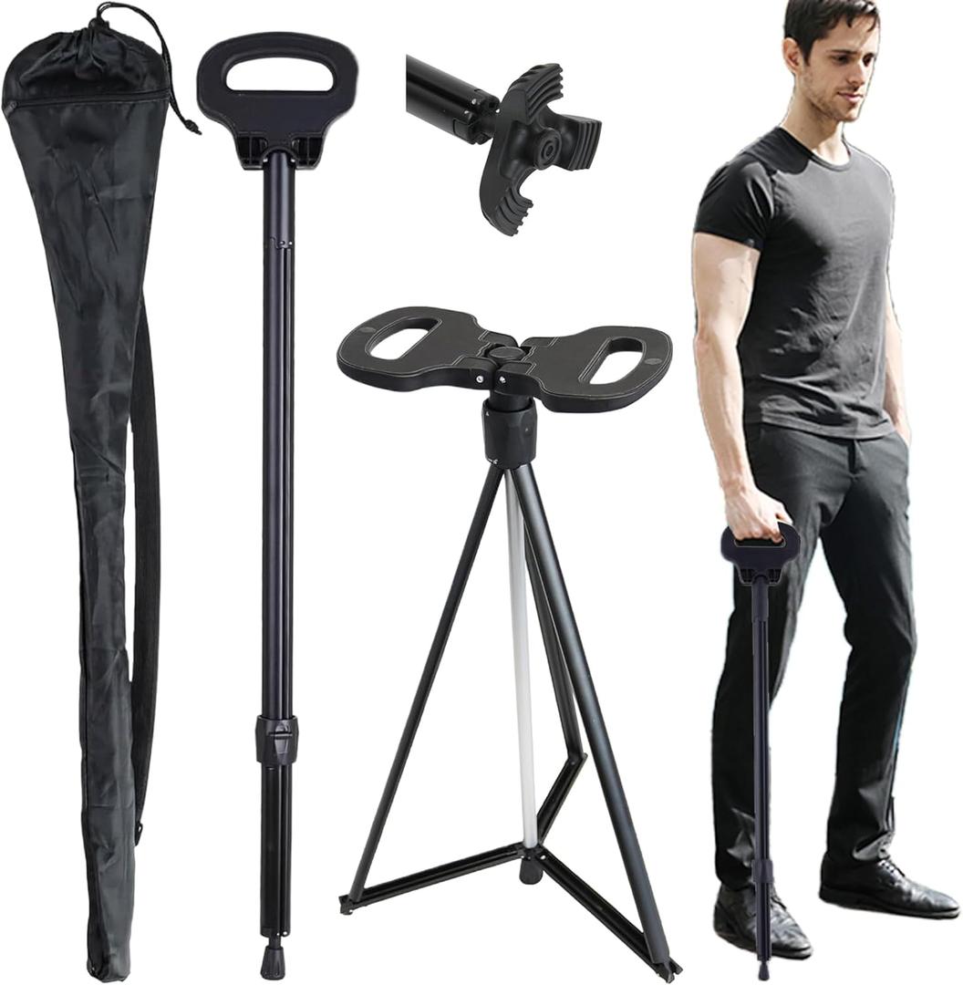 ALEVMOOM Folding Walking Cane with seat for Men & Women,2-in-1 Adjustable Portable Cane Chair,Walking Stick with Seat for Seniors & Adults,Crutches Stool with Carry Bag for Hiking Traveling (Regular-New Black)