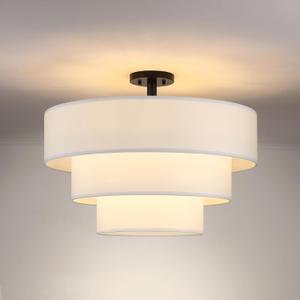 Doraimi Lighting 3 Tier White Drum Fabric Semi Flush Mount Light Modern Farmhouse Decor 7 Light 24 Inch Black Finish for Kitchen Living Room Dining Room Corridor Hallway