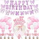 2 x Pre-Strung Pink Bow Birthday Party Decorations, Girl Bow Birthday Decortions, Pink White Balloons, Bows Banner Garland, Bows Cake & Cupcake Toppers and Satin Ribbon for Bow Party Decor