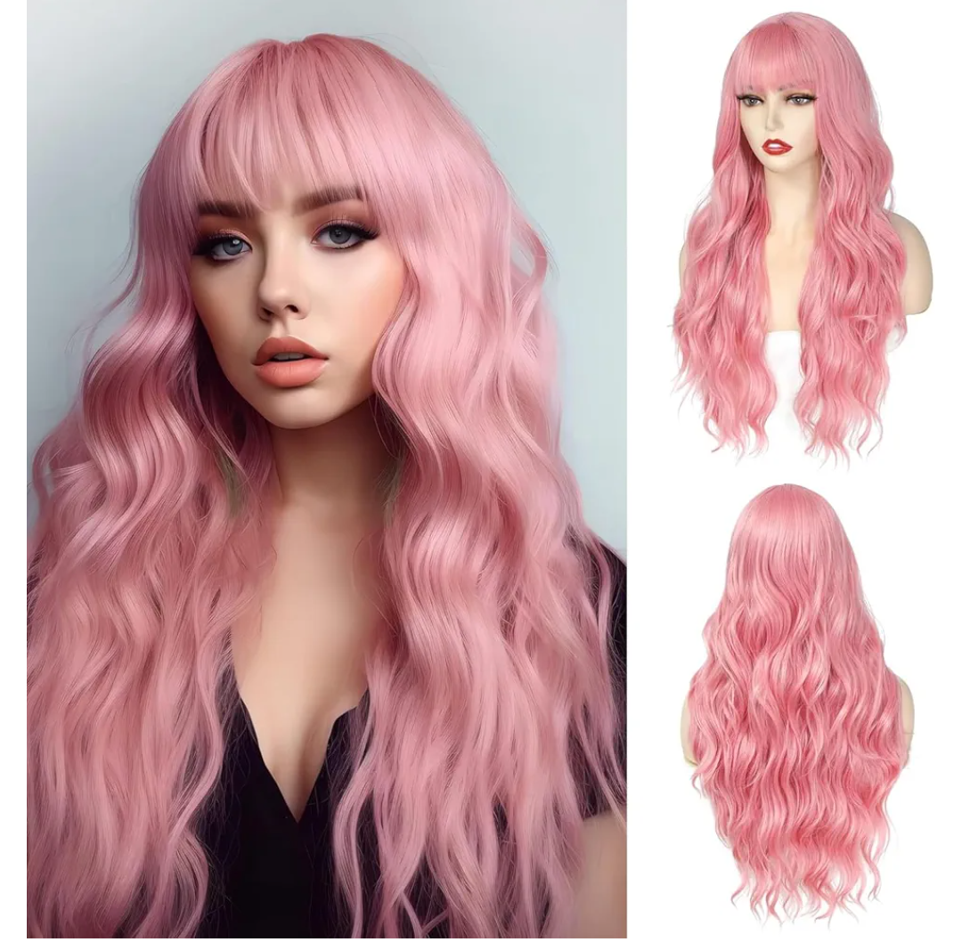 Pink Wig With Bangs Long Wavy Wigs for Women 26 Inch Curly Wavy Wig With Bangs Natural Looking Synthetic Heat Resistant Fiber Wig for Daily Party Use