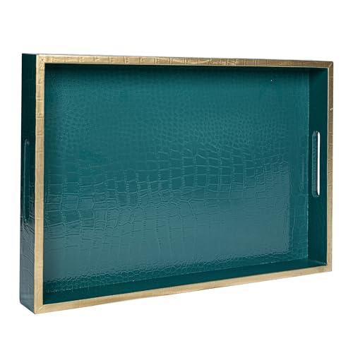 MAONAME Faux Leather Tray, Rectangular Serving Tray with Handles, Green Decorative Trays for Coffee Table, Shagreen Ottoman Trays for Living Room, Office, 17" x 12"