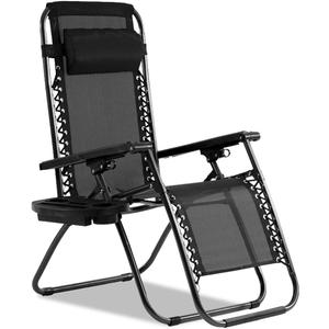 Zero Gravity Chair Patio Chair Lounge Chair Chaise Set of 2 Outdoor Folding Adjustable Recliner Chair with Cup Holder Tray and Pillows for Patio, Pool, Beach, Lawn, Deck, Yard - Black