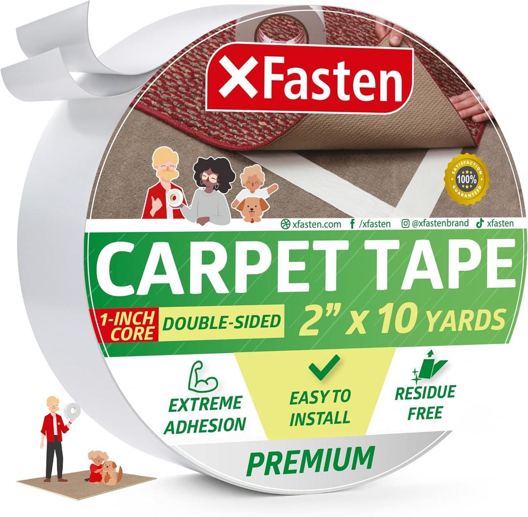 XFasten Double Sided Carpet Tape for Area Rugs, 2 Inch x 10 Yards 1-Inch Core  Heavy Duty Anti Slip Rug Grip Tape, Works as Rug Gripper, Wood Safe, Easy Removal for Hardwood and Laminate Floors