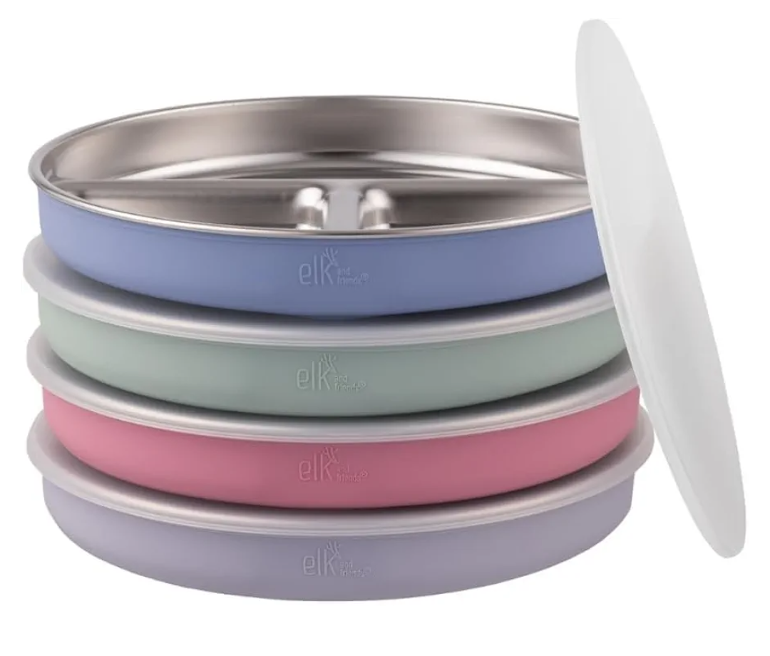 Stainless Steel Divided Plates + Silicone Sleeve and Storage Lid | Baby, Toddler, Kids | Dinner & Snack Plates | 4 Pack