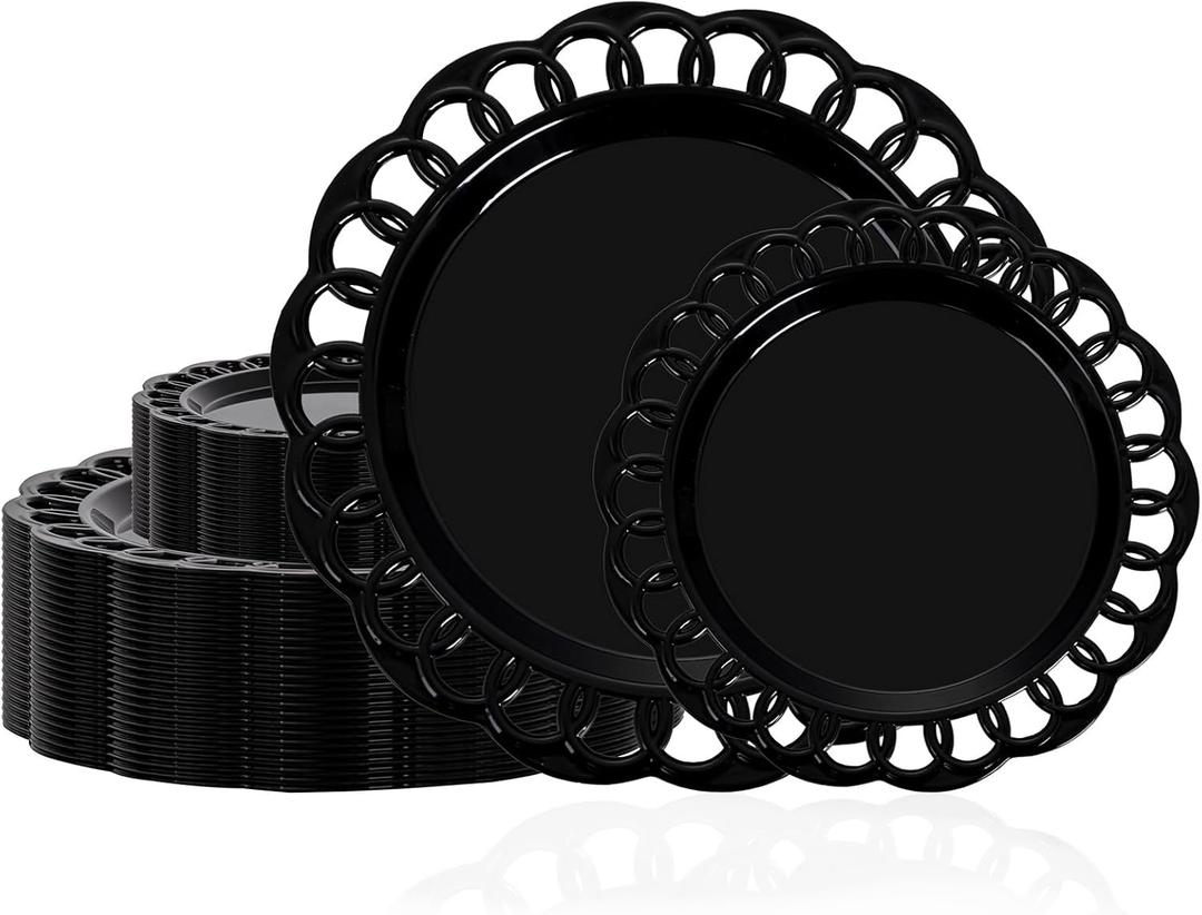 COLOSUS 60pcs Black Plastic Plates Set,Fancy Baroque Plates,Elegant Lace Rim Disposable Plates,Plastic Plate for Party include 30 Dinner plates and 30 Dessert plates for Halloween,Party,Wedding