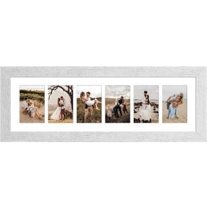 8x26 Picture Frame Display 6 opening 4X6 Picture Frame Collage, Multi Photo Frame with Mat, Plexiglass, Wall or Tabletop Decor, Distressed White Wood Grain