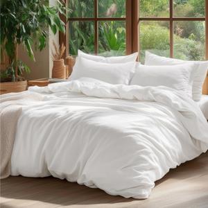 Bedsure 100% Washed Cotton Duvet Cover Cal King - Natural White Minimalist Cotton Duvet Cover Linen Like for All Seasons - GentleSoft Plain Simple Bedding, 3 Pieces (White, California King, 104"x98")