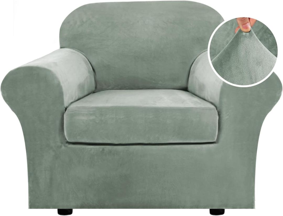 H.VERSAILTEX Rich Velvet Stretch 2 Piece Cover Chair Slipcover Sofa Cover Furniture Protector Couch Soft with Elastic Bottom Chair Couch Cover with Arms Width Up to 49 Inch (Chair, Sea Grass)