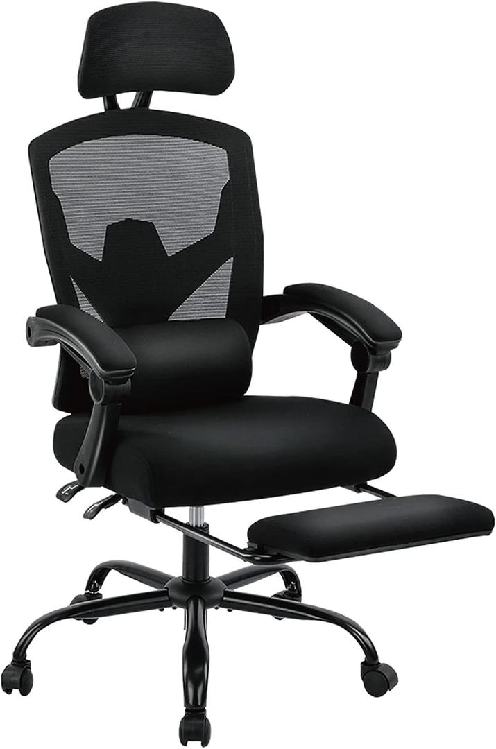Sweetcrispy Office Computer Desk Chair, Ergonomic High-Back Mesh Rolling Work Swivel Chairs with Wheels, Comfortable Lumbar Support, Comfy Arms for Home, Bedroom, Study, Student, Black, With Footrest