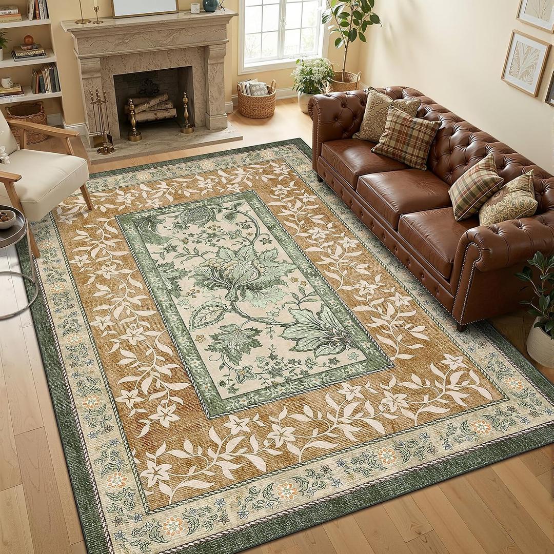 GarveeHome Terracotta Olive Sage Green 8x10 Area Rugs for Living Room, Botanical Grove Cottage core Washable Rug for Bedroom Dining Nursery Low-Pile Vintage Large Carpet