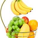 Livabber Countertop Fruit Basket Bowl with Banana Hanger, Modern Standing Fruit Vegetable Bowl Storage, with Banana Tree Holder for Kitchen Dinning Table (Round Marble, Gold)