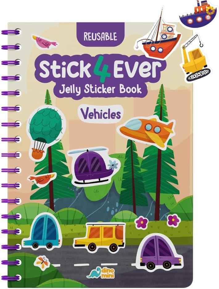 Stick4Ever Jelly Sticker Book - for Kids - Waterproof, Easy to Clean Jelly Stickers for Kids - Reusable Sticker Book for Toddlers with 50 Pcs of Reusable Stickers (Vehicles)
