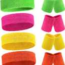 Civaner 12 Pcs 80s 90s Sweatbands Neon Sports Headbands Wristband Set for Men Women Party Cotton Headbands Terry Cloth Athletic Sweat Bands for Tennis Football Gym Outdoor Accessories (Bright Color)