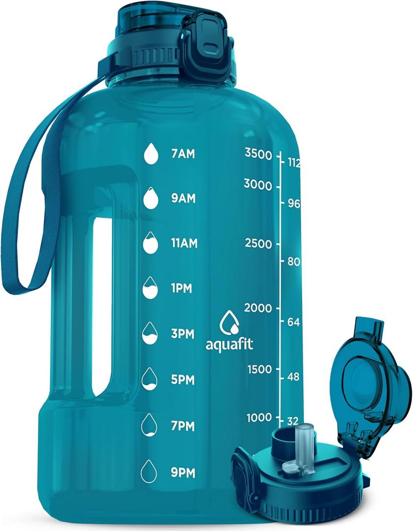 AQUAFIT 1 Gallon Water Bottle with Time Marker - Straw & Chug Lid - BPA Free Gym Water Bottle with Straw - Big Gallon Jug (Aqua, 128 oz - 2in1 Lid)