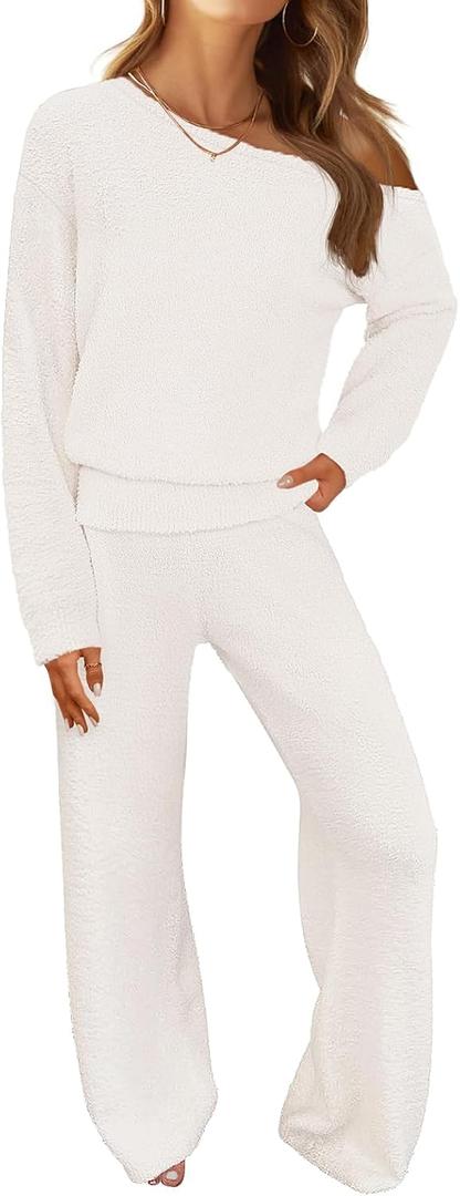 MEROKEETY Women's Fall Pajama Set Fuzzy Fleece 2 Piece Loungewear Off Shoulder Sweater Tops Wide Leg Pants Matching Outfits (X-Large, Beige)
