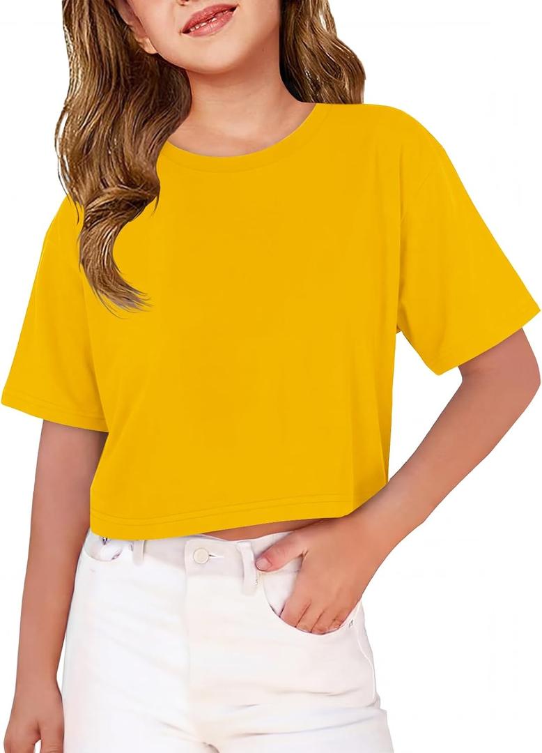 ZDC Girls T Shirts Short Half Sleeve Crew Neck Drop Shoulder Loose Fit Summer Crop Tops 5-14 Years (Yellow)