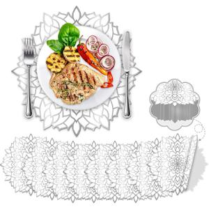 100PCS Disposable Silver Metallic Round Paper PlaceMats Round Floral Charger Table Mat Table Setting Mat Pressed Paper Round Place Mats for Christmas Wedding Birthday Party Dining Table Decor Supplies