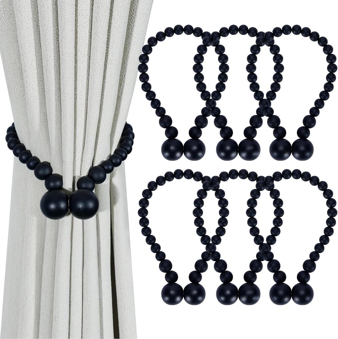 Magnetic Curtain Tiebacks, Curtain Tie Backs for Curtains 6 Pack, Wood Bead Curtain Tiebacks, Curtain Holders for Boho Bedroom Decor, Baby Nursery Decor, Farmhouse Decor (Black)