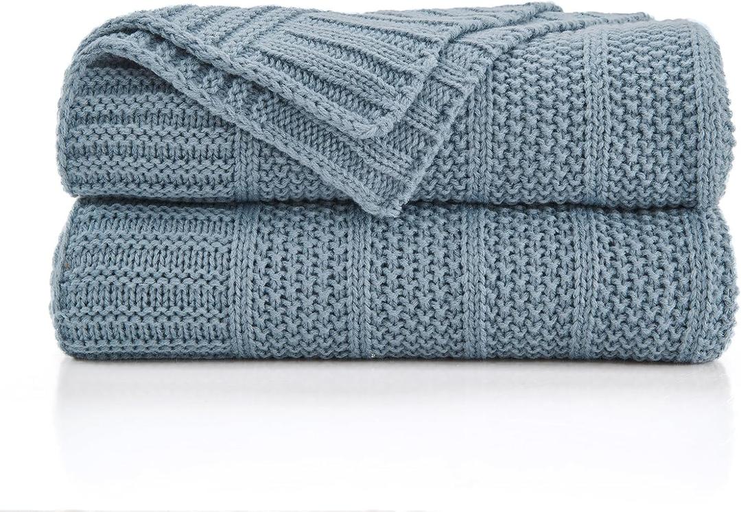Douceur Blue Throw Blanket for Bed, Soft Cozy Lightweight Stripe Pattern Knitted Throw Blanket for Sofa, Living Room Gift, 60"X80"
