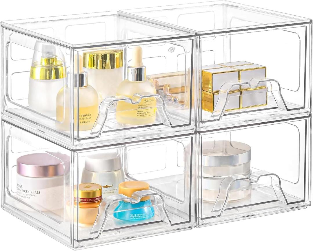 Stackable Makeup Organizer Storage Drawers Set of 4, Clear Plastic Organizer Bins for Beauty Supplies,Ideal for Vanity, Bathroom,Cabinet,Pantry Organization (4 Short)