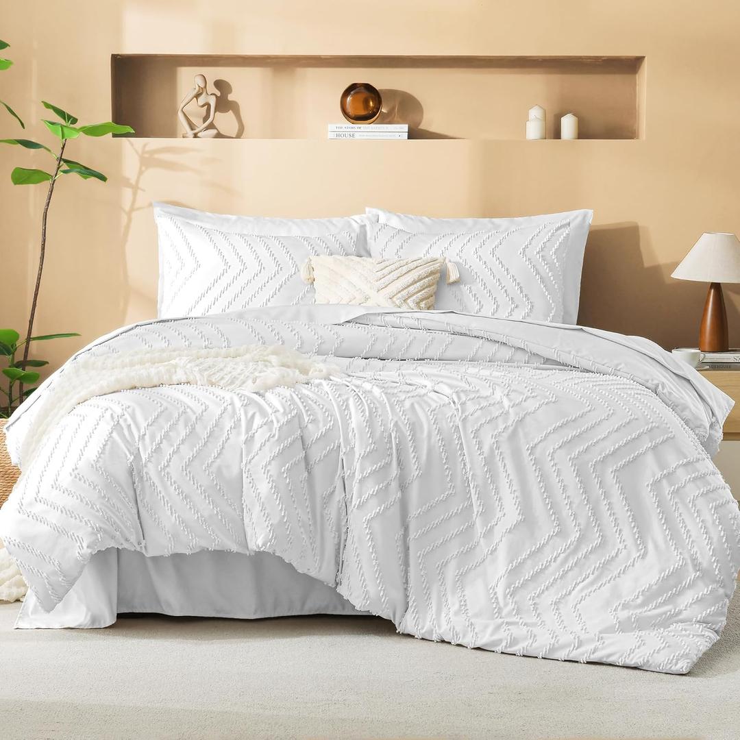 Litanika White Comforter King Size Set with Sheets - 7 Pieces Boho Bed in a Bag Chevron Tufted Complete Bedding Sets Lightweight All Season Bed Set with Comforter, Sheets, Pillowcases & Shams (King (104"x90"))