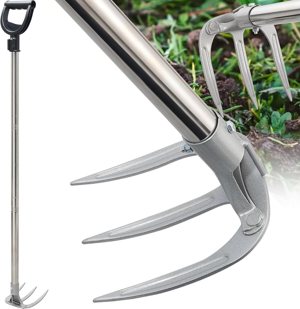 Hand Rake Long Handle - 74" Cultivator Weeding Rakes for Lifts Out Deep-Rooted Grass, 3-Tine Claw Rakes Heavy Duty Carbon Steel with D Grip for Digging Potato,Carrots,Loosens Soil