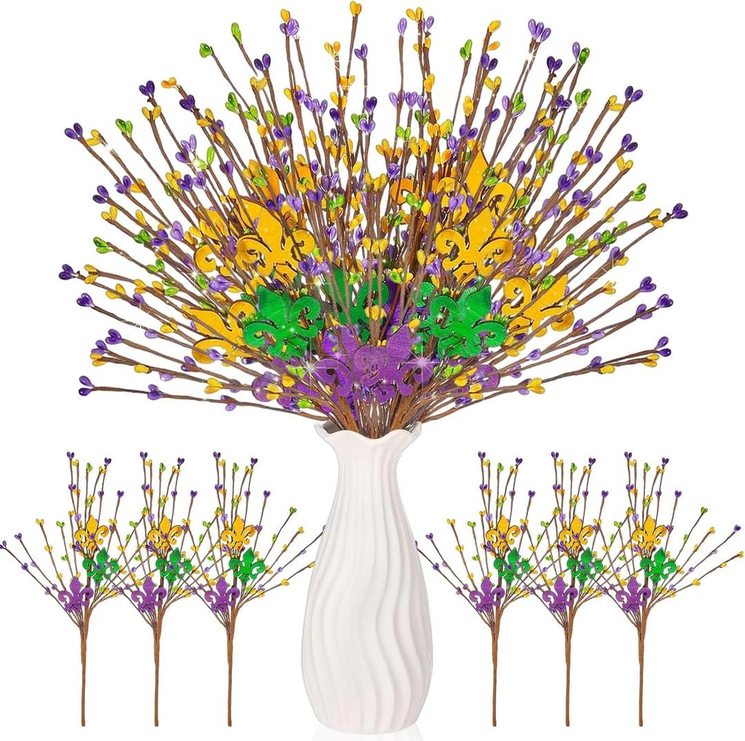 XunYee 24 Pack Mardi Gras Artificial Berry Picks Artificial Berry Centerpiece Decorations for Mardi Gras DIY Craft Vase Bouquet Home Table Party Decoration