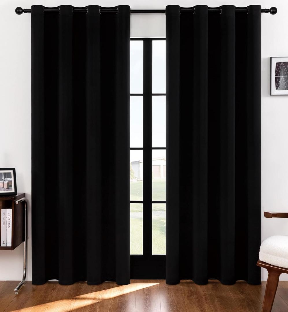 Rutterllow Blackout Curtains for Living Room 2 Panels Set, Thermal Insulated Room Darkening Curtains for Bedroom, Grommet Top (52x84 Inch, Black)